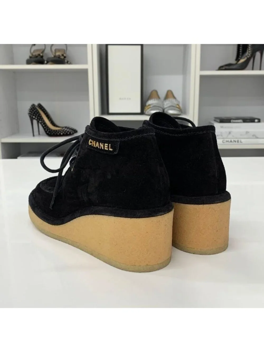 Chanel Suede Logo Wedge Sole Lace-up Shoes Black